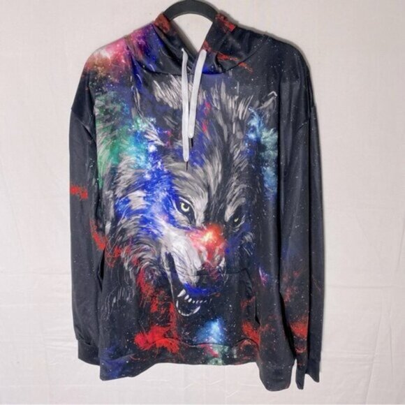 Black Red Multicolour Wolf Galaxy Hoodie XL - Picture 1 of 15